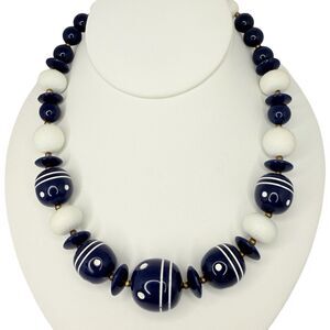 VTG Navy Blue & White Beaded Nautical Necklace 18" Polka Dots Stripes Rockabilly